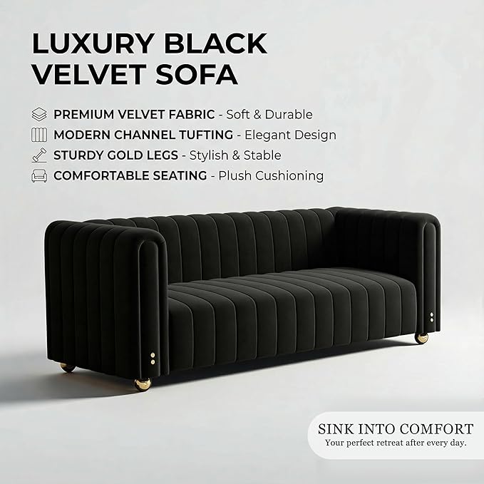 Modern Velvet Sofa SetMid-Century Accent Chair Loveseat Small Space Couch for Apartment Living Room Orange/Green/Black Velvet Upholstery High Back with Metal Legs Sofa (Black 3 Seater)