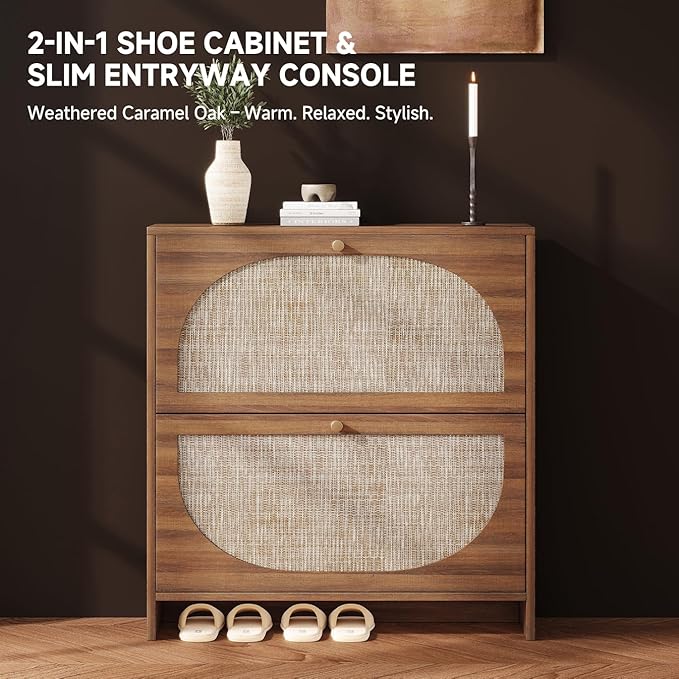 Nicetree Rattan Arched Accent Shoe Storage Cabinet - Freestanding Ultra Slim for Entryway 2 Flip Drawers &amp 3-Tier Adjustable Shelves Farmhouse Modern Rustic Shoe Rack for Hallway Foyer Living