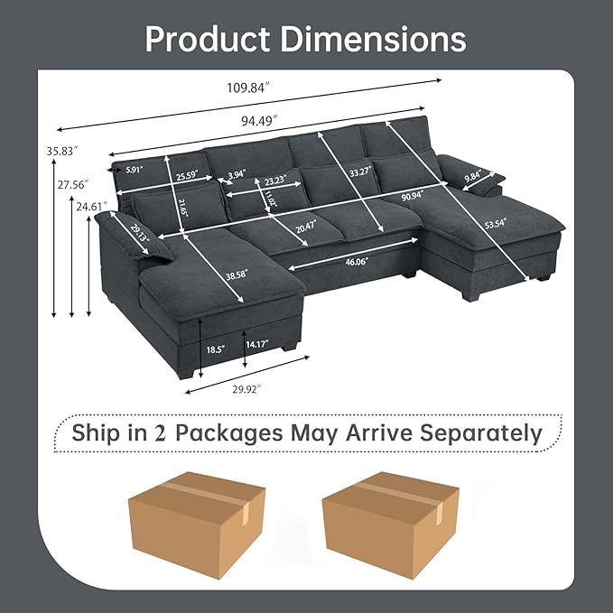 110“ Convertible Sectional Sofa U Shape Cloud Couch Comfy Couches with Double Chaise and Sleepable Armrests 4 Seats Sectional Couches for Living Room Dark Grey
