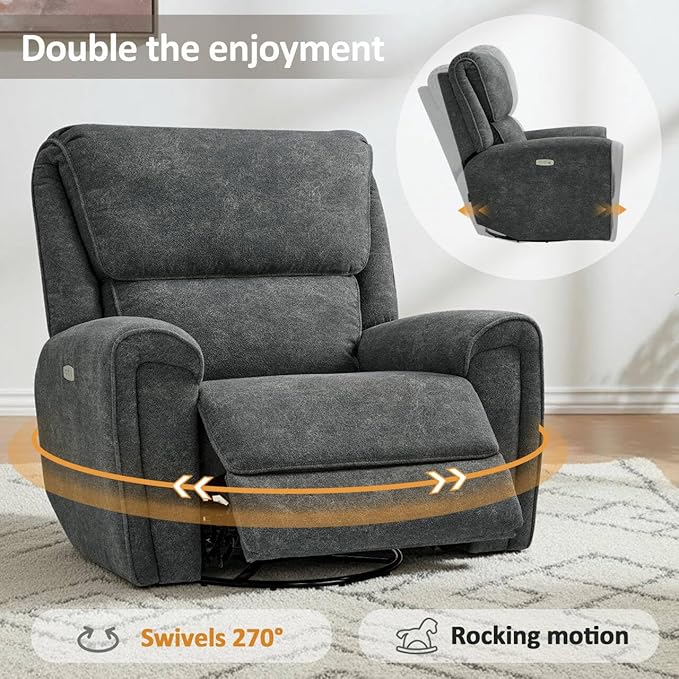MCombo Power Swivel Rocker Recliner Chair Oversized Power Recliner Chair for Big and Tall People 400lbs Heavy Duty Recliners USB Charge Ports for Living Room Office Fabric OE678 (Dark Grey)