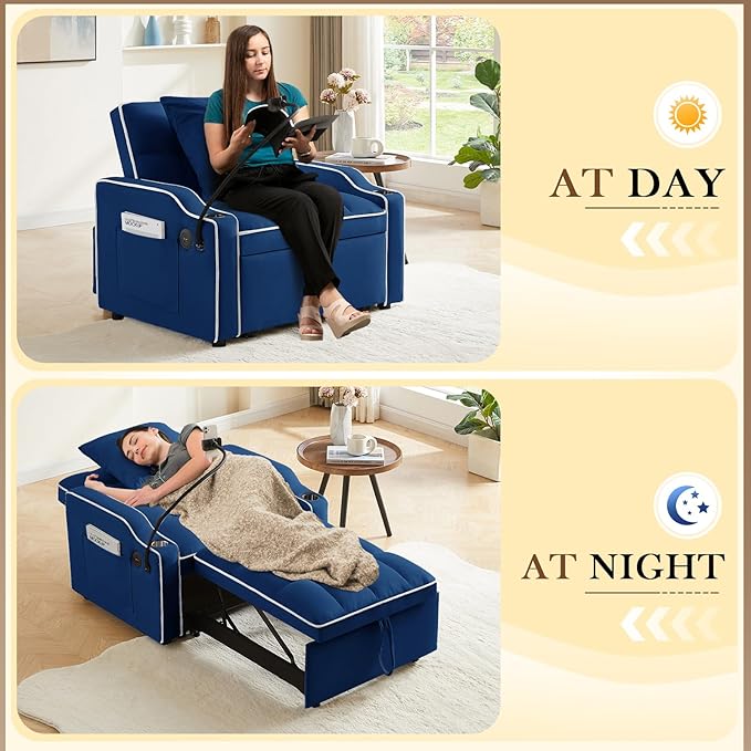 Convertible Sleeper Sofa Chair Bed 3 in 1 Tufted Velvet Pull Out Sleeper Chair with Adjustable Backrest &amp Phone Holder Modern Single Sofa Chair for Living Room Small Spaces Apartment Blue