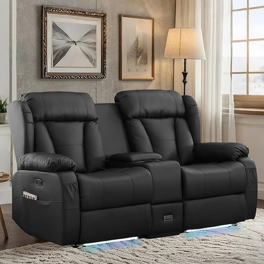Power Recliner Loveseat Sofa with Console for Living Room Home Theater Seating Seats with 4 Colors Ambient Lighting USB &amp Type-C Ports Cup Holders Side Pocket Power Recline (Black)