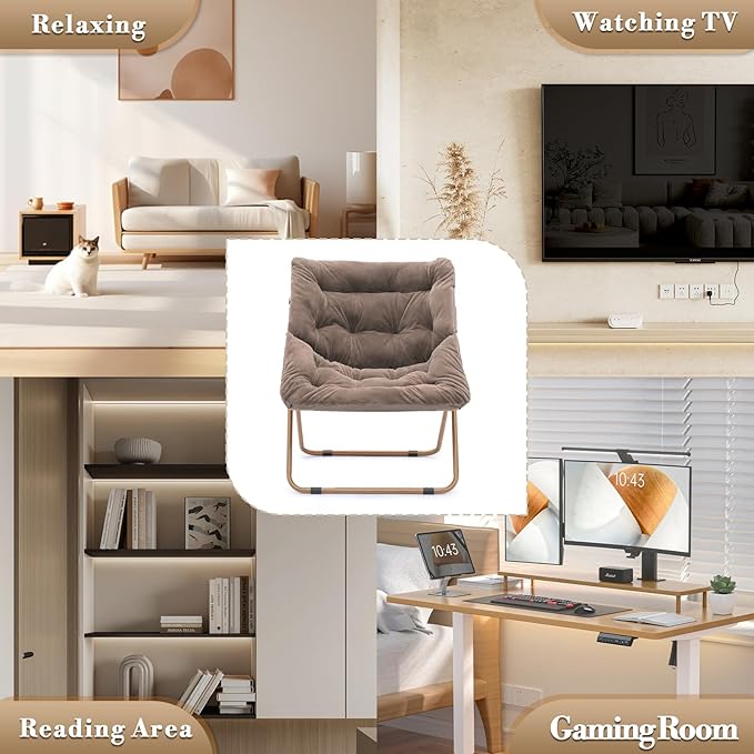 Athena Collection Comfy Saucer Chair and Ottoman Set for Adult Comfortable Faux Fur Square Oversize Folding Reading Chair with Metal Leg Lazy and Cozy for Bedroom Living Room Beige