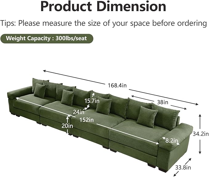 168.4 Oversized Modular Sectional Sofa Corduroy Large Sectional Couches for Living Room 4 Seater Couches Modern Deep Seat Sofa Set Green