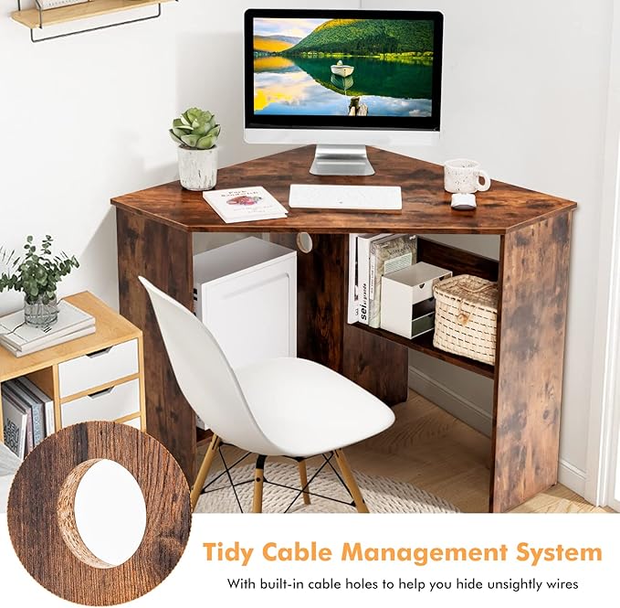 COSTWAY Corner Computer Desk Space-Saving Triangular Writing Desk w/ 2 Storage Shelves &amp 2 Cable Holes Multi-Functional Console Table for Small Space in Home Office Living Room Bedroom (Coffee