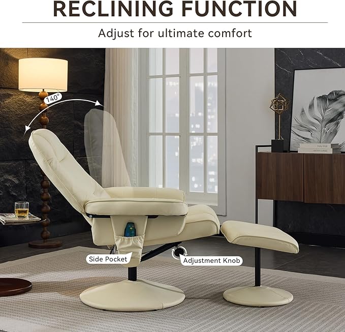 Ergonomic Recliner Chair with Ottoman for Adults 360° Swivel Massage Lounge Chair with 5-Point Vibration &amp Heated Seat140° Adjustable PU Leather Recliner for Living Room Office (Beige+PU Leather