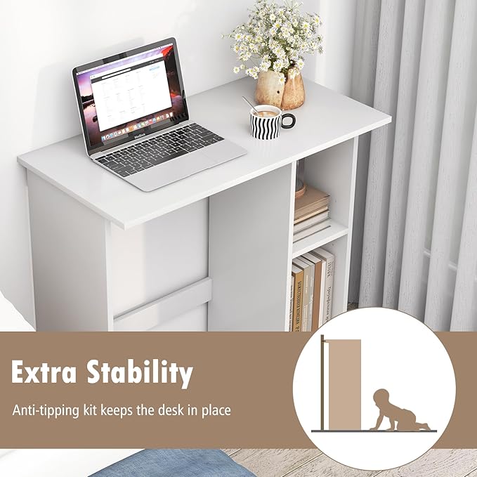 COSTWAY 31.5” Space Saving White Writing Desk Modern Home Office Computer Workstation with Adjustable Shelf Compact PC Table with Storage for Small Spaces/Bedroom/Dorm Rooms