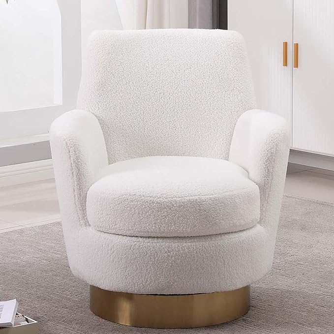 Teddy Swivel Accent Chairs for Living RoomComfy Swivel Barrel Chair with Foam Cushion Round Swivel Chair &amp Boucle Swivel Chair with High Back Round Armrest Gold Base (White)