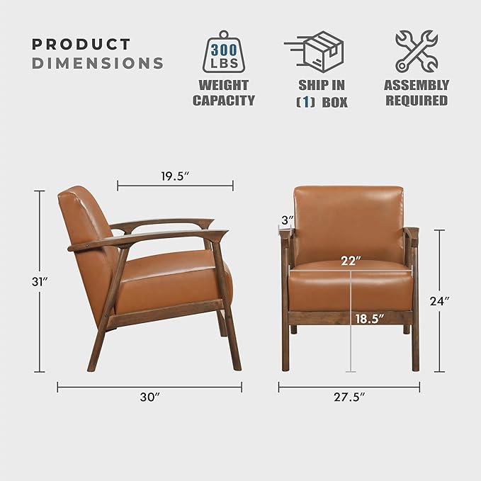 Lexicon Mid Century Modern Accent Chair Faux Leather Upholstered Lounge Armchair Solid Rubber Wood Frame Single Sofa Seat for Living Room/Bedroom/Office/Waiting Area Brown