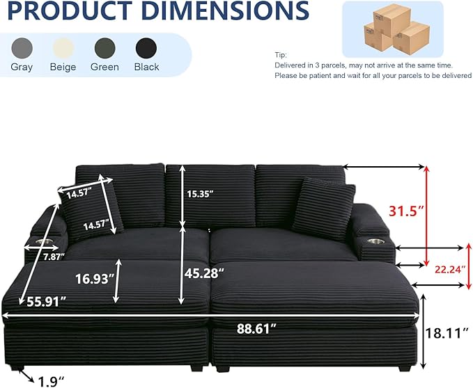 86.6 Sectional Sofa Couch with 2 Ottomans Comfy Corduroy Upholstered Cloud Modular Convertible Couch with Cup Holders and USB Armrest Storage Deep Seat Oversized Loveseat for Living Room Black