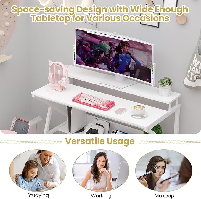 Giantex Small Desk with Storage Compact Computer Desk for Small Spaces with Monitor Stand Metal Frame &amp Earphone Hook Laptop PC Table Modern Writing Desk for Home Office Bedroom (White)