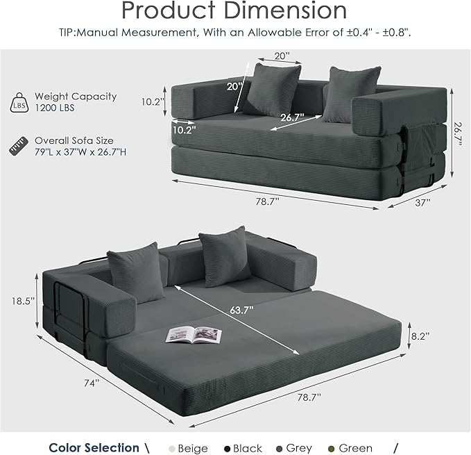Convertible Sleep Sofa Bed with Armrests and Backrest Corduroy Folding Couch with 2 Pillow Modular Sectional for Living Room Bedroom Studio-No Assembly NeededGrey