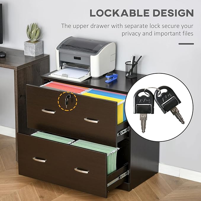 Lateral 2-Drawer File Cabinet with Lock Small Filing Cabinets Under Desk Storage Organizer for Home Office Vertical Locking Cabinet DrawersModern FurnitureBrown