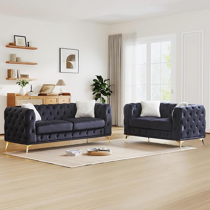Mid Century Modern Couch82W Luxury Upholstered Velvet Oversized Loveseat Couch with Button Tufted &amp Gold Legs Deep Seat Comfy Chesterfield Sofa for Living Room Bedroom Office(3 Seater Black)