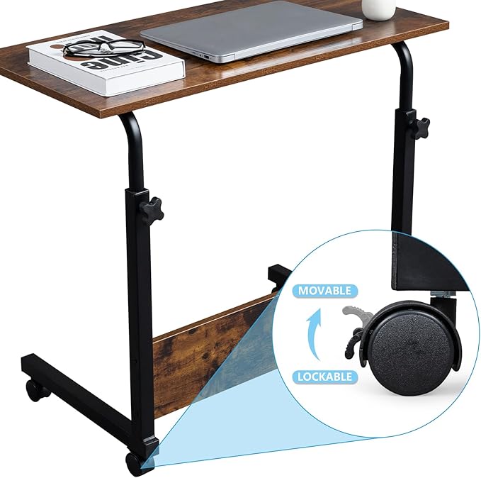 Computer Desk Adjustable Height Stand Up Desk Portable Laptop Desk Mobile Standing Desk Bedside Table Work Desk for Home Office Rolling Steel Side Table with Baffle 31.5 x 15.7Brown