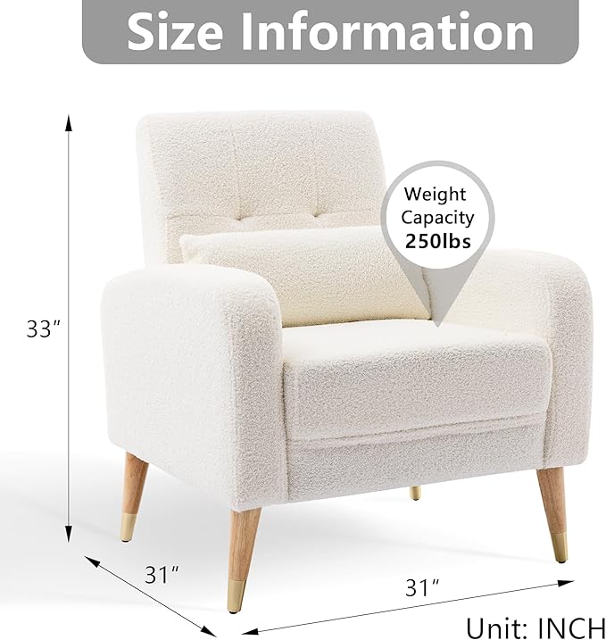 Dolonm Mid-Century Modern Accent Chair Upholstered Armchair Living Room Chair Comfy Single Sofa Chair with Sturdy Legs for Living Room Bedroom White