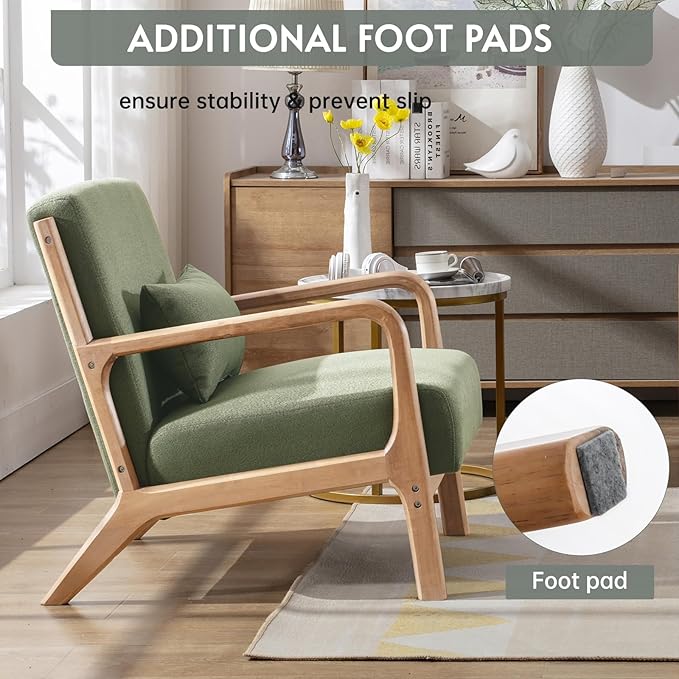 ANJ Mid Century Modern Accent Chair Comfy Fabric Reading Chair with Solid Wood Frame Easy Assembly Armchair for Living Room Blackish Green