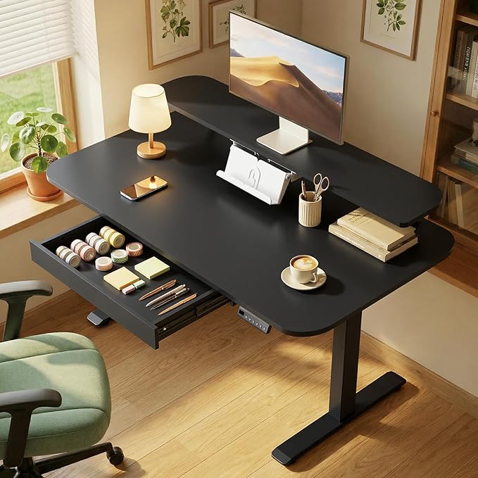 GTPLAYER Electric Standing Desk with Drawers 55 x 24 Inches Height Adjustable Computer Desk with Monitor Stand Laptop Stand Home Office Sit Stand Up Desk with Memory Preset Black
