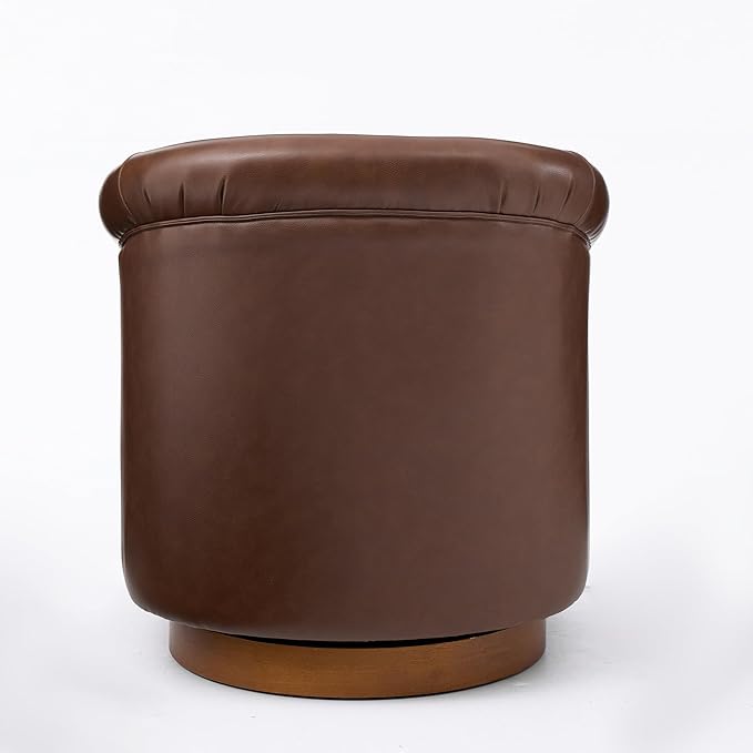 Genuine Leather Seat Swivel Barrel Chair Accent Chair with PVC Exterio &amp Wood Base - Upholstered Lounge Chair for Living Room Home Office Bedroom (Brown)