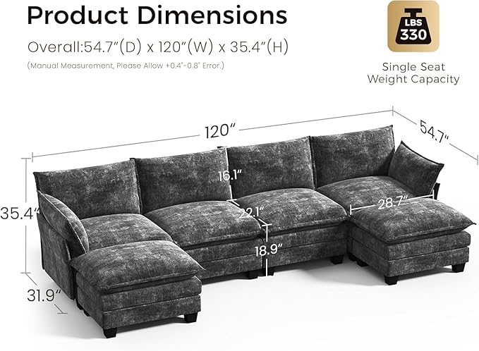 KKL 120 Modular Sectional Sofa for Living Room U-Shaped 6 Seater Convertible L-Shaped Cloud Couch with Ottoman Chenille Modern Sectional Couches for Living Room Apartment Grey