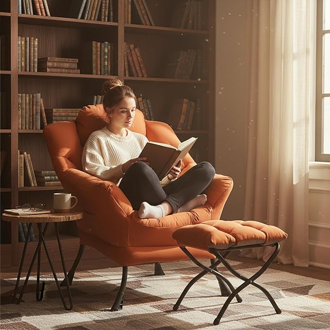 Welnow Lazy Chair with Ottoman for Living Room Modern Reading Accent Chair with Armrests and a Side Pocket Leisure Upholstered Lazy Sofa for Small Space Bedroom Dorm Orange