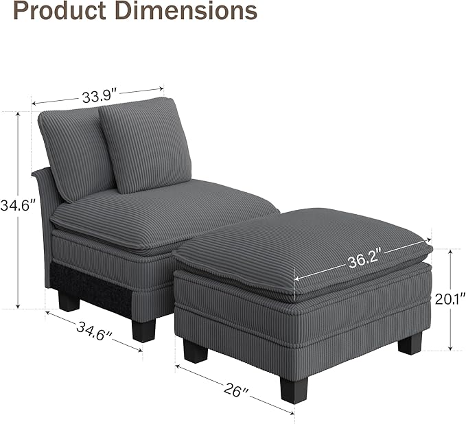 PHI VILLA Indoor Lounge Sofa Chair One-Person Oversized Sectional Sofa with Ottoman Single Chaise with Upholstered Deep Seat for Bedroom Reading Corduroy Fabric Grey