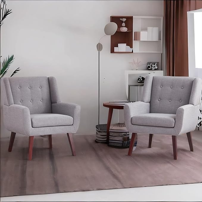 HUIMO Accent Chair Set of 2 Arm Chair Button Tufted Upholstered Reading Chair Linen Fabric Mid Century Modern Chairs for Bedroom Living Room Chair(2Light Grey)
