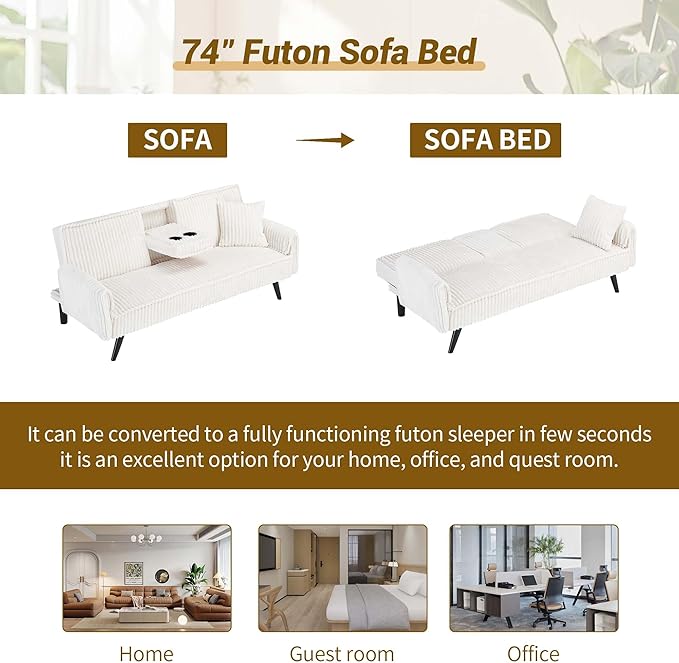 72 Modern Corduroy Sofa Bed FutonConvertible Sleeper Couch Bed with Cup Holder4 Reclining PositionsFolding Sofa Cloud Loveseat for Small Living Room Apartment Office (White)