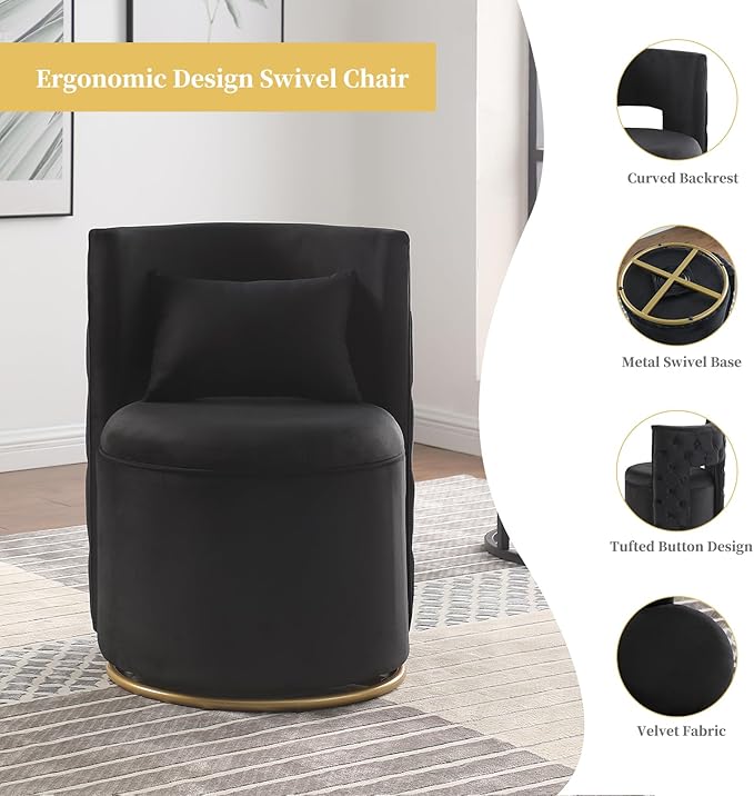 360° Swivel Accent Chair Velvet Chair with Storage Function Curved Chair with Gold Metal Base Accent Chair for Living Room Bedroom Home OfficeApartment-Black