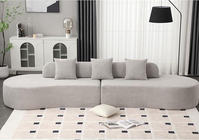 130'' Curved Modular Sectional Long Sofa Modern Cloud Boneless Deep Seat Couch Plush Terry Cloth Compressed Upholstered Lounge Sofa for Living Room No Assembly Required Light Grey 3 Pillows