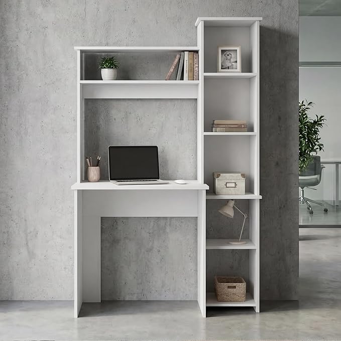 Tuhome Versalles Writing Desk with Two Superior Shelves Five Side Open Storage Compartments Space-Saving Modern Workstation Design for Studios and Offices Ideal for Organization Books