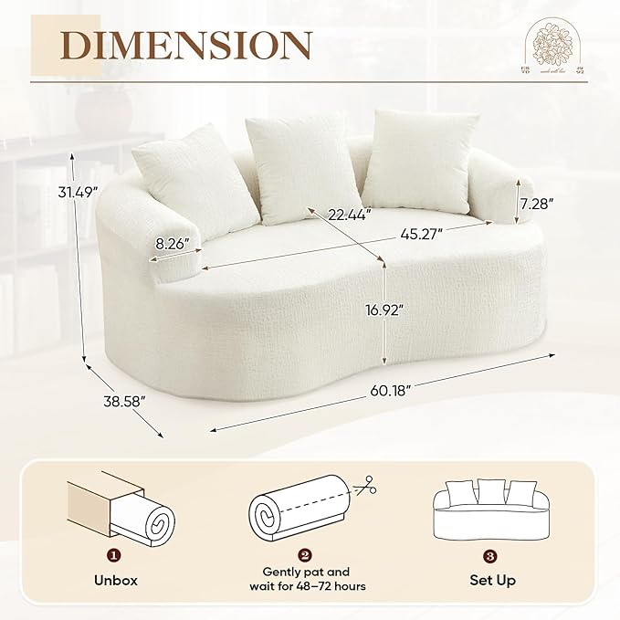 60 Curved Sectional Sofa for Small Spaces - Plush Chenille Modern Cloud Loveseat with Pocket Springs &amp Memory Foam Boneless Floor Couch for Living Room 27.6 Extra Deep Seat No Assembly (Beige
