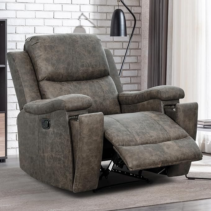 EBELLO Grey Recliner Chair Single Overstuffed Sofa Recliners Breathable Faux Leather Manual Reclining Chairs with Hidden Cup Holder Arm and Back for Adults Living Room Bedroom Grey