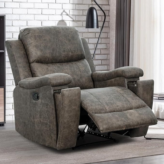 EBELLO Grey Recliner Chair Single Overstuffed Sofa Recliners Breathable Faux Leather Manual Reclining Chairs with Hidden Cup Holder Arm and Back for Adults Living Room Bedroom Grey
