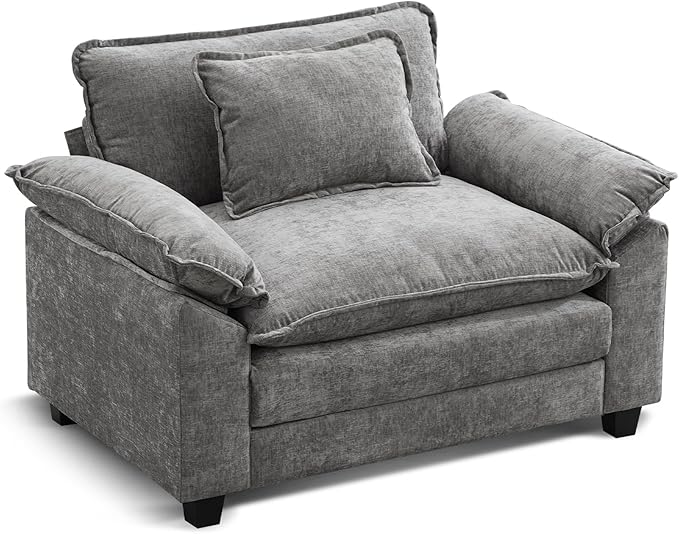 URRED Cloud Couch Accent Chair Oversized Chenille Armchair with Deep Wide Seat and Upholstered Armrests Grey – Modern Lounge Chair for Bedroom or Living Room