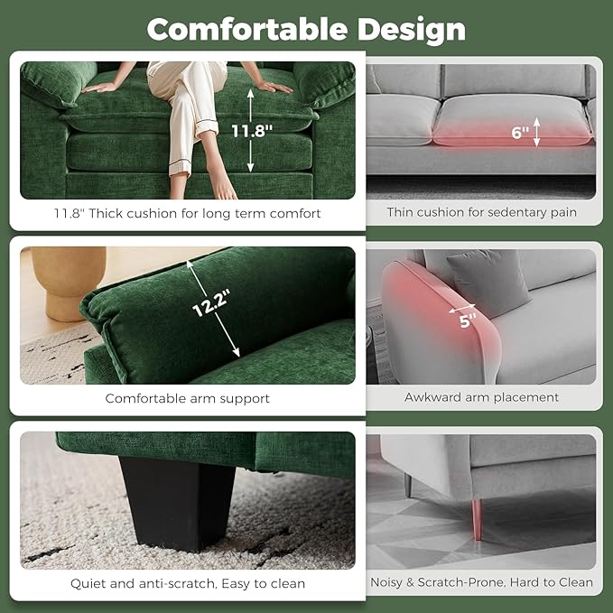 HUSFU 120 Cloud Couch Modular Sectional Sofa with Ottoman 3-Seat Modern Chenille Upholstered U-Shaped Deep Seat Sofa Couch for Living Room Bedroom and Apartment Green