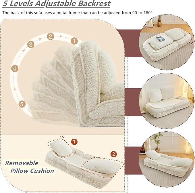 Foldable Lazy Sofa Bed Polyester Upholstered Human Dog Bed for Adults and Pets with 5 Adjustable Backrest Positions and 2 Soft Cushions for Living Room Bedroom Beige | Breathable Materials