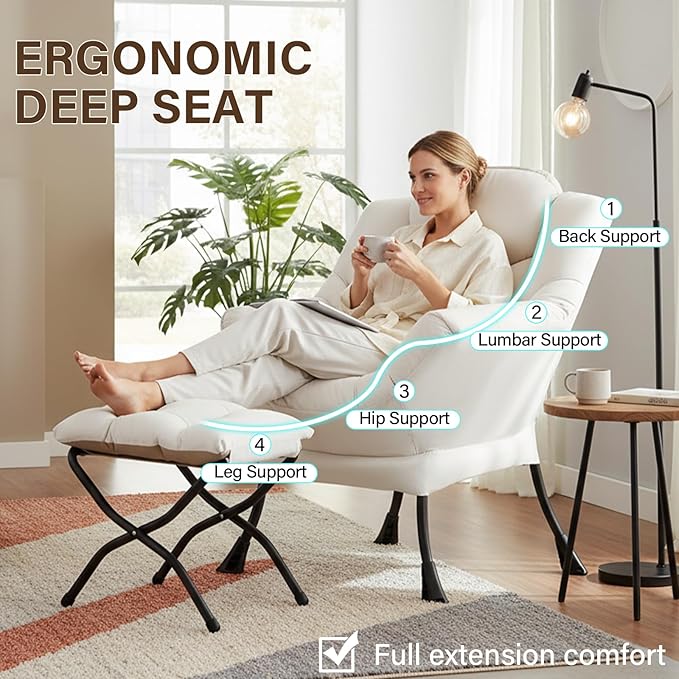 Welnow Lazy Chair with Ottoman Modern Reading Accent Chair with Armrests and a Side Pocket Leisure Upholstered Lazy Sofa Set with Footrest for Small Space Beige