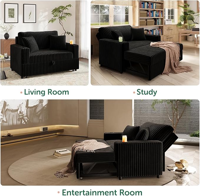 52” 3-in-1 Convertible Pull-Out Sofa Bed Sleeper Loveseat with Built-in Cup Holders Reclining Backrest Pet-Friendly Corduroy Sofa for Small Space - Black