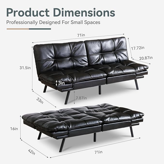 Futon Sofa Bed Convertible Couch Black Faux Leather Sofa Bed with Memory Foam Adjustable Backrest &amp Armrests Multifunctional Small Loveseat Sleeper Sofa for Living Room Apartment Office