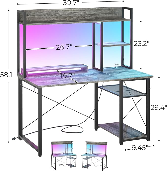 Cyclysio Gaming Desk with Hutch 39'' Computer Desk with LED Lights &amp Power Outlets Home Office Desk with Reversible 5 Tiers Storage Shelves &amp Monitor Stand Small Gaming Table for Small Spac