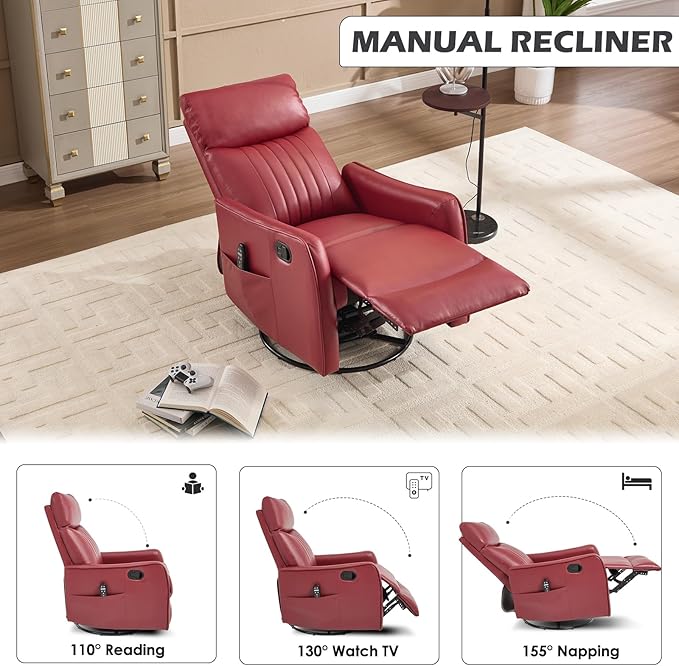 Swivel Rocker Recliner Chair 360° Swivel Recliner with Heat and Massage Rocker Recliner Nursery Glider Chair with Side Pockets for Living Room (Red Faux Leather)