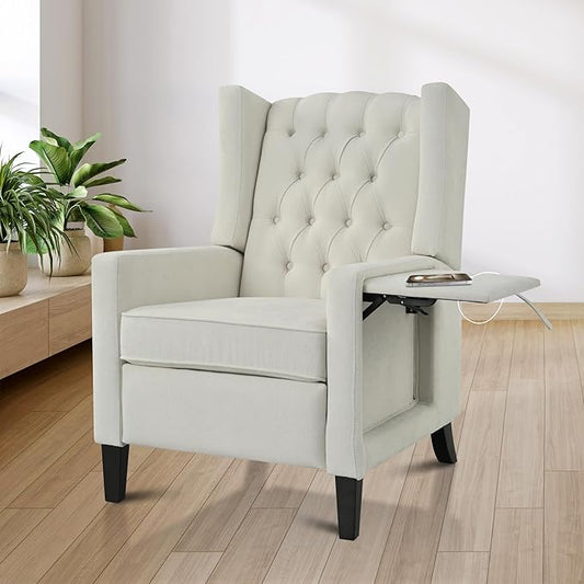 Mid Century Wingback Recliner Fabric Push Back Recliner Chair Single Rolled Armchair Sofa with Rivet Decoration Accent Chairs with Stable Hump Feet for Living Room (Beige①)