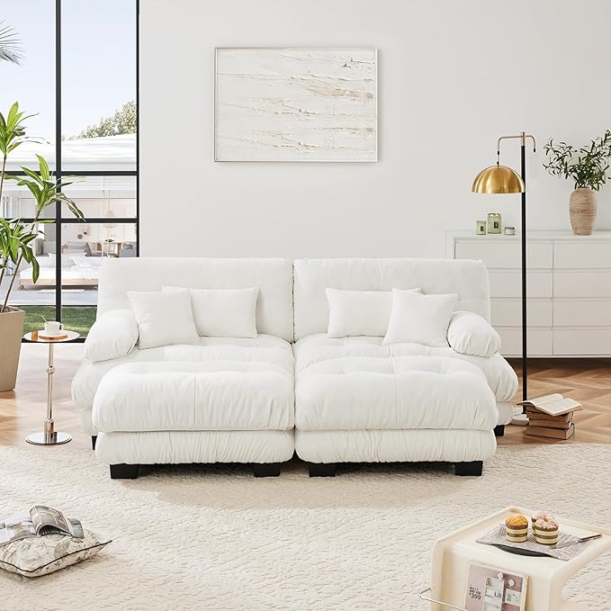 94.4 Deep Seat Modular Sofa Set Chenille Fabric Modern Sectional Love Seat Couches for Living Room Plush Cloud 2 Seater with 2 Ottomans Comfy Loveseat for Apartment or Bedroom U Shaped White