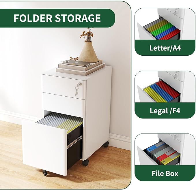 3 Drawer Filing Cabinet Lockable Metal File Cabinet Mobile File Cabinets for Home Office Under Desk Cabinets for Organizer A4/Letter/Legal Fully Assembled (White 1)
