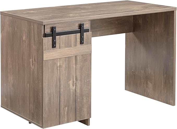 Home Office Desk Hazelnut One Cabinet Three Shelves Faux Barn Door on Metal Euro Hinges Modesty Panel