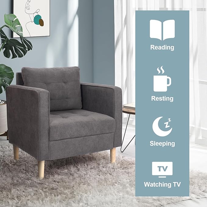 STHOUYN Mid Century Modern Upholstered Fabric Accent Chair with Arms Set of 2 Armchair Comfy Reading Chair for Living Room Studio Office Couch Single Sofa Set Bedroom Grey