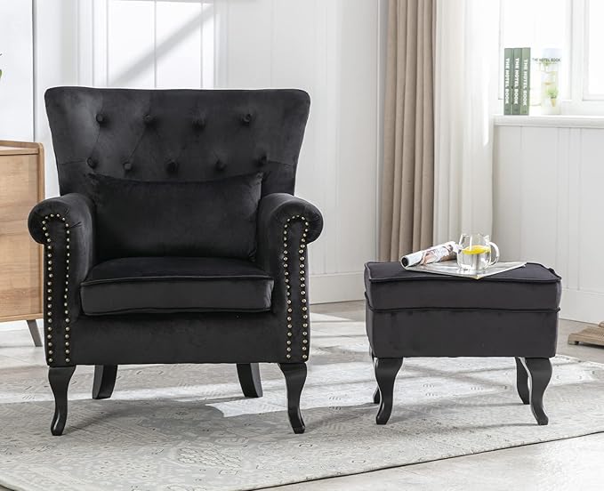 Kmax Velvet Club Chair Tufted Throne Mid Century Accent Wingback Chair with Ottoman Padded Seating Wood Legs Home Club Bedroom Living Room Black
