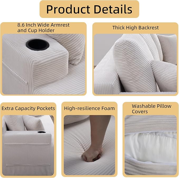 87 Modern 3-Seater loveseat Sofa Comfy Deep Seat Boneless Couch with Plush Corduroy Fabric Built-in Cup Holders &amp Side Storage Pockets for Living Room Bedroom and Apartment