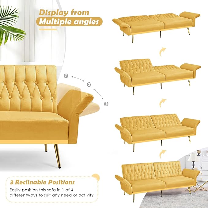 70 Velvet Futon with Adjustable Backrest and Armrests Sofa Bed with Extra Pillows for Waiting Room Living Room and Office Yellow